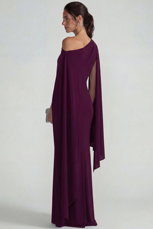 Burgundy One Shoulder Mermaid Long Wedding Guest Dress with Cape
