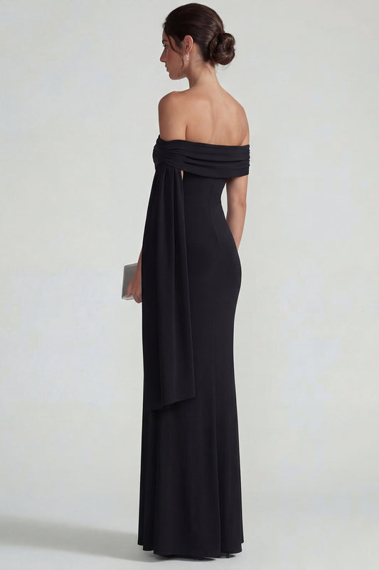 Black Mermaid Long Off the Shoulder Wedding Guest Dress with Streamer
