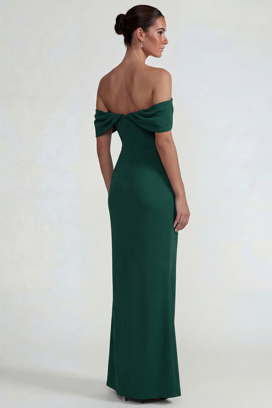 Dark Green Off the Shoulder Long Sheath Wedding Guest Dress with Slit