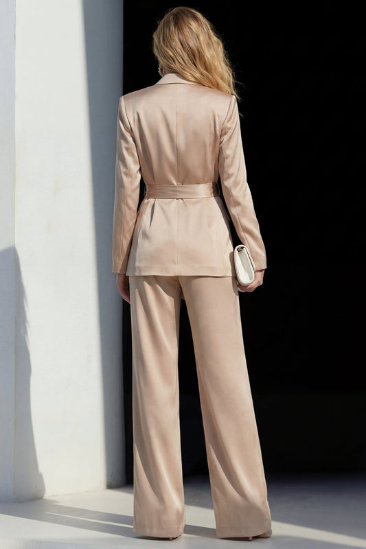 Champagne 2 Piece Satin Peak Lapel Wide Leg Business Suits with Sash