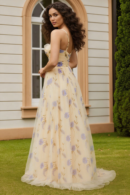 Floral Yellow A-Line Spaghetti Straps Long Prom Dress with Slit