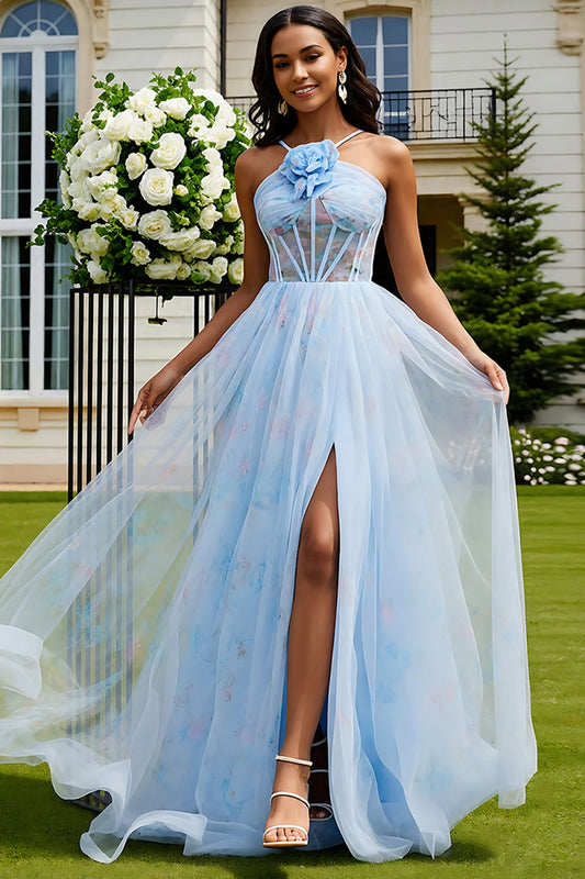 Floral Light Blue A-Line Tulle Long Corset Prom Dress with Slit