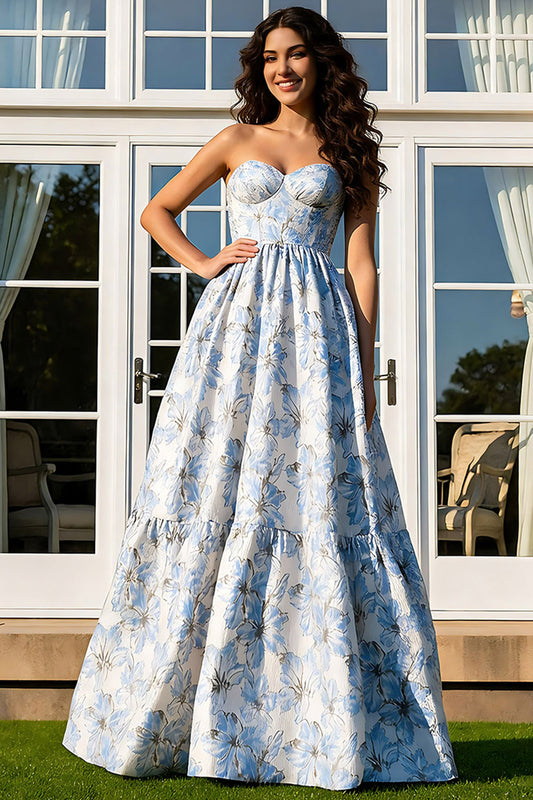 Floral Light Blue A-Line Jacquard Strapless Long Prom Dress