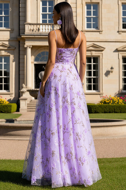 Floral Lilac A Line Spaghetti Straps Long Prom Dress with 3D Flowers
