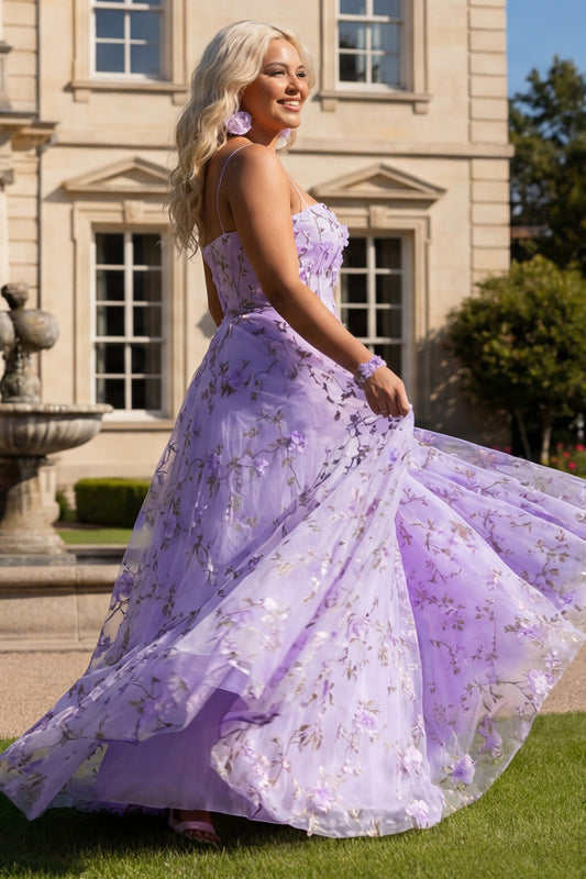 Floral Lilac Plus Size A Line Spaghetti Straps Long Prom Dress with 3D Flowers