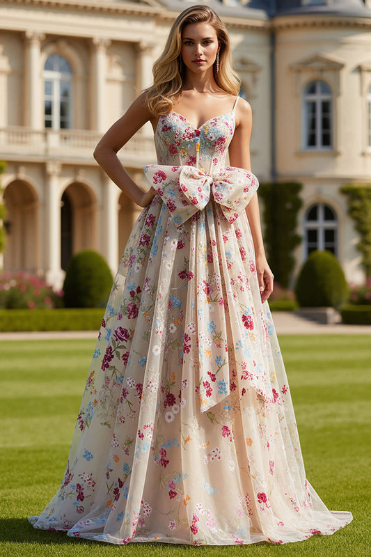 Floral Ivory Spaghetti Straps A Line Long Corset Prom Dress with Bow