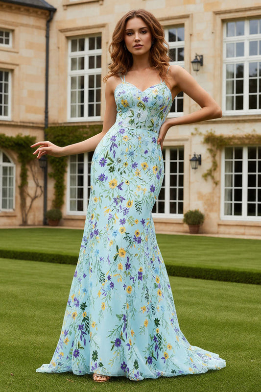 Floral Green Mermaid Spaghetti Straps Long Prom Dress