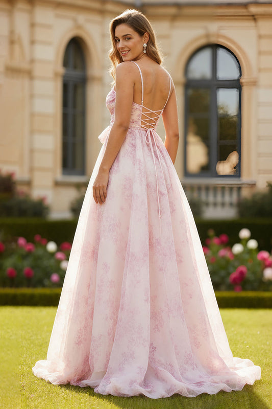 Blush Floral A Line Spaghetti Straps Long Prom Dress with Bow