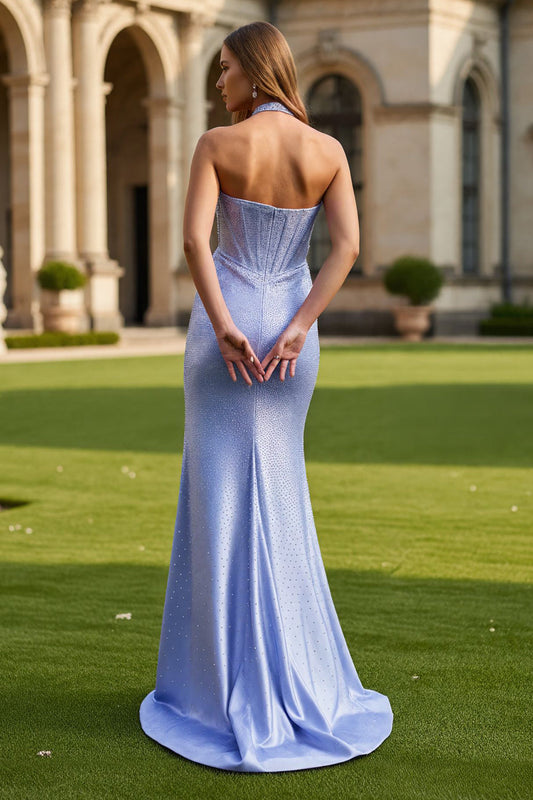 Sparkly Light Blue Mermaid Halter Neck Ruched Long Corset Prom Dress with Slit