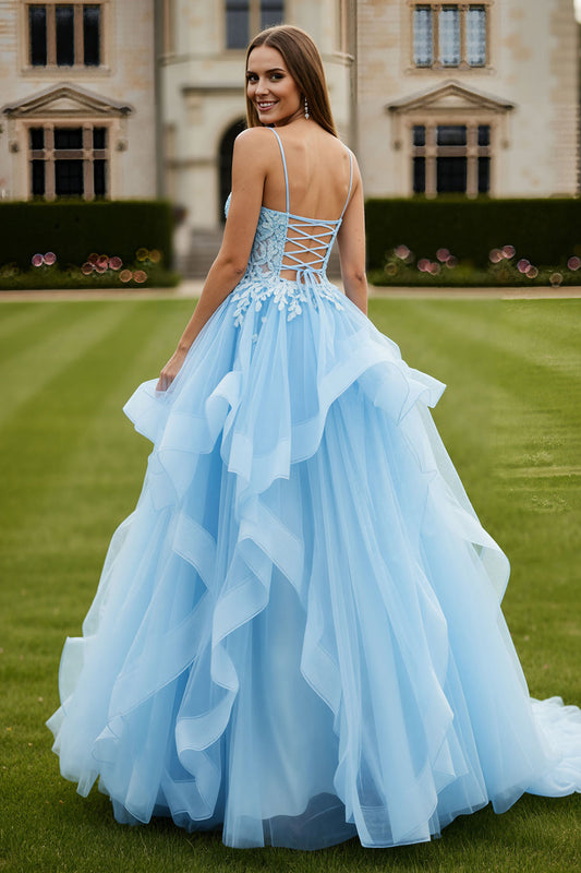 Sky Blue Tulle Appliqued Spaghetti Straps Long Corset Prom Dress with Ruffles