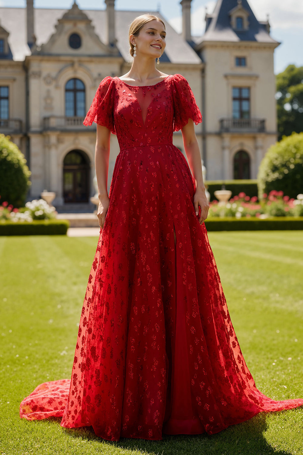 Zapakasa Women Sparkly Dark Red Boat Neck Long Prom Dress with Sleeves A Line Pageant Dress Zapakasa Women Sparkly Dark Red Boat Neck Long Prom Dress with Sleeves A Line Pageant Dress