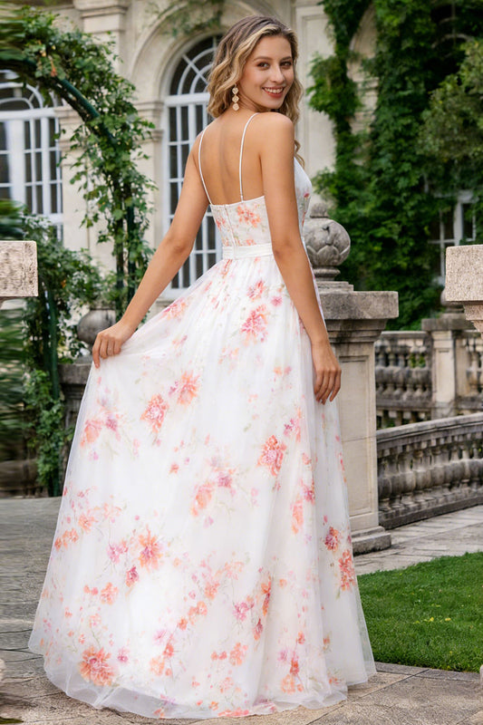 Floral Ivory Pink A Line Spaghetti Straps Long Prom Dress with Slit