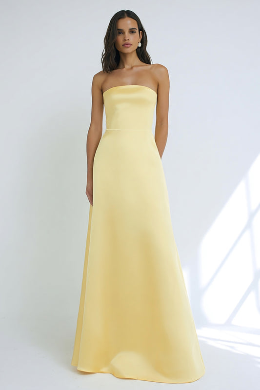 Simple Yellow Strapless Sheath Long Bridesmaid Dress