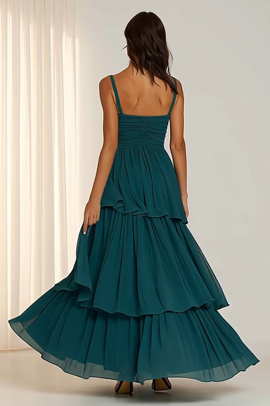 Dark Green Ruched Spaghetti Straps Long Bridesmaid Dress with Ruffles