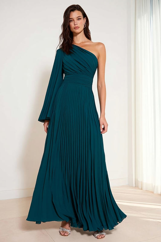 Peacock Green One Shoulder Pleated Long Bridesmaid Dress with Sleeves