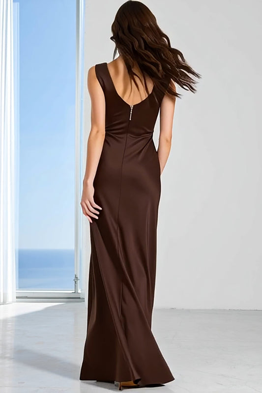 Coffee Sheath Satin Bateau Neck Long Bridesmaid Dress