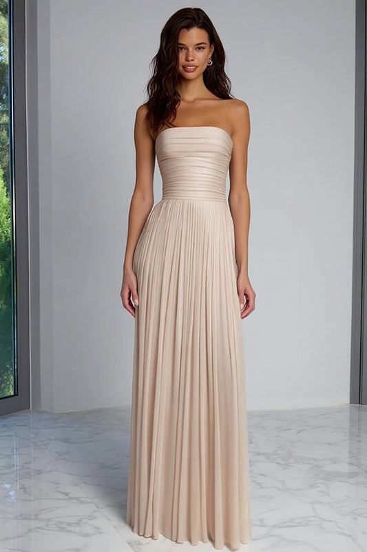 Champagne Sheath Strapless Pleated Long Bridesmaid Dress