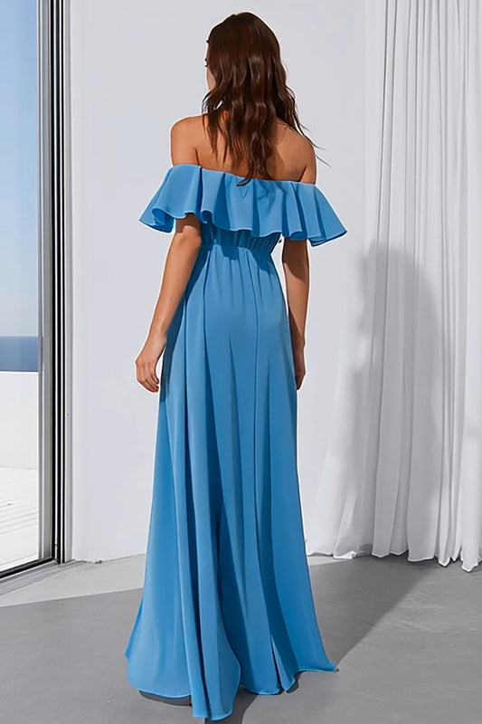 Blue Off the Shoulder A Line Long Bridesmaid Dress with Slit