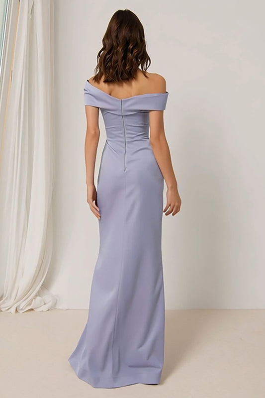 Lilac Sheath Off the Shoulder Ruched Long Bridesmaid Dress