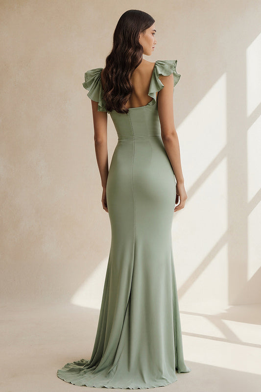 Dusty Sage Square Neck Ruffled Sheath Long Bridesmaid Dress with Slit