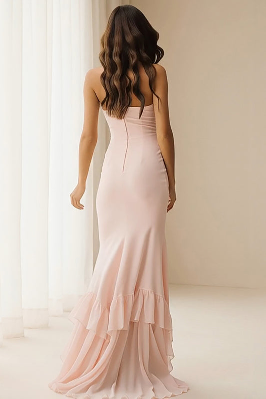 Light Pink Sheath Strapless Long Bridesmaid Dress with Ruffles