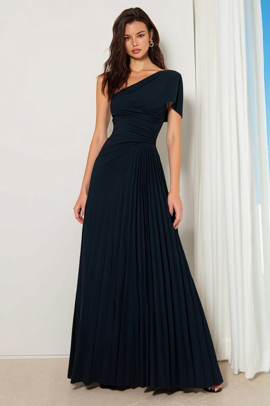 Navy One Shoulder Pleated A Line Long Bridesmaid Dress