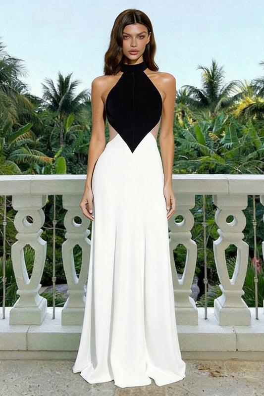 Black and White High Neck Cut Out Backless Long Formal Dress