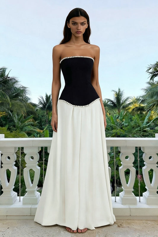 Sparkly Black and White Strapless Long Formal Dress with Pearls