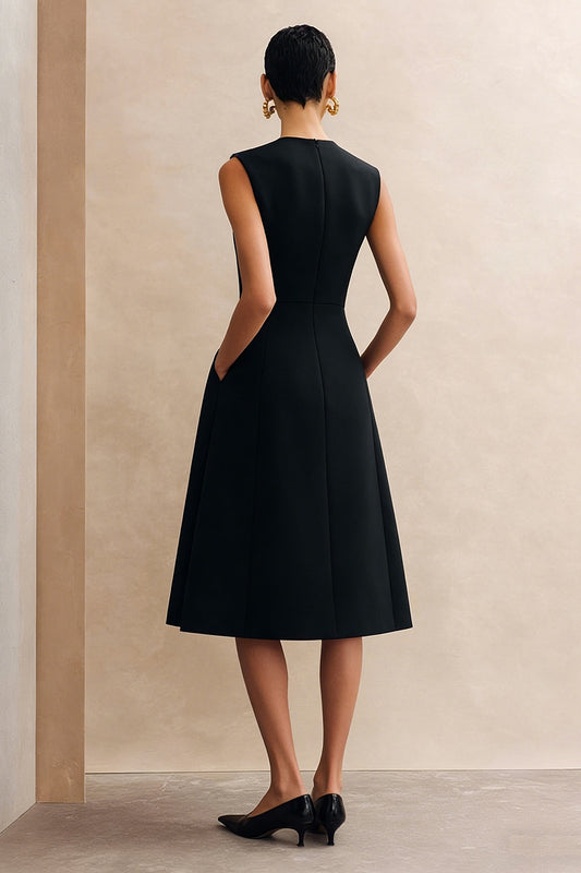 Black Crew Neck Midi A Line Work Dress