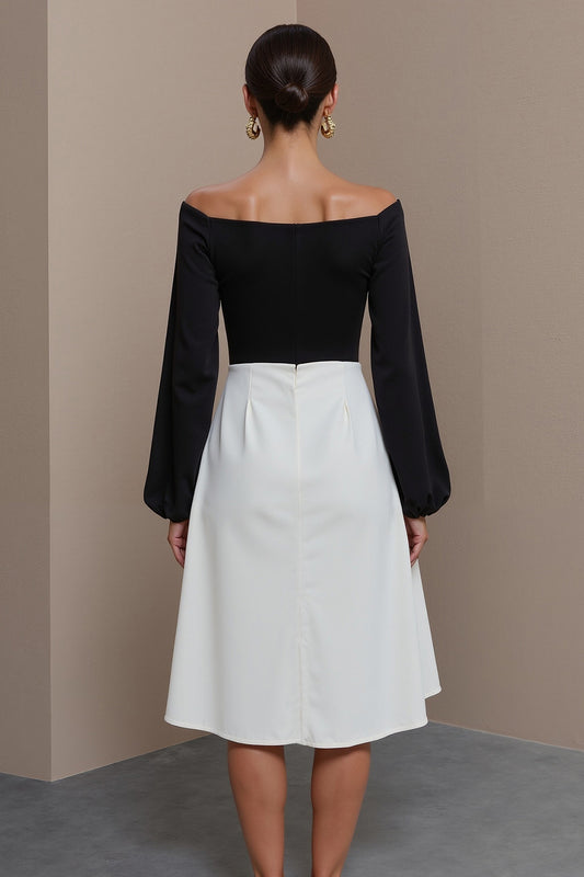 Black and White Off the Shoulder A Line Midi Work Dress with Sleeves