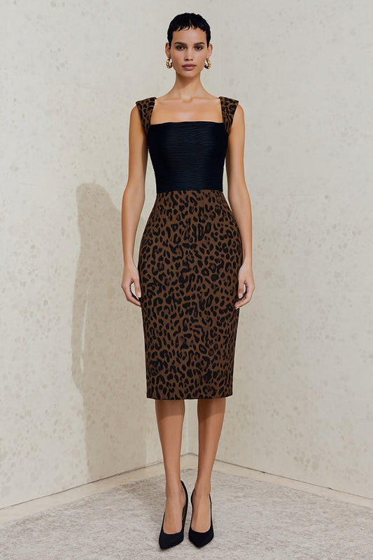 Black and Brown Cheetah Print Square Neck Midi Work Dress
