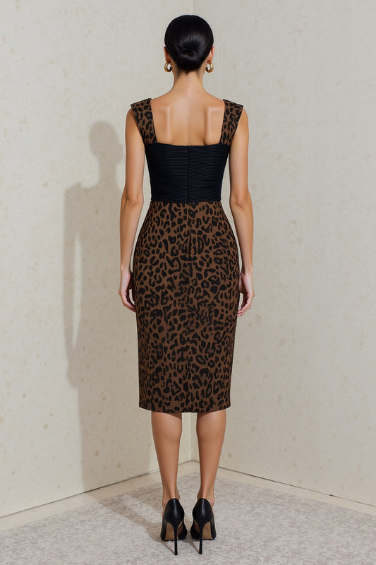 Black and Brown Cheetah Print Square Neck Midi Work Dress