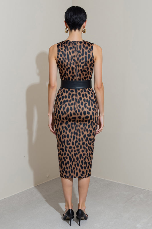 Brown Leopard Print Pencil Midi Work Dress with Belt