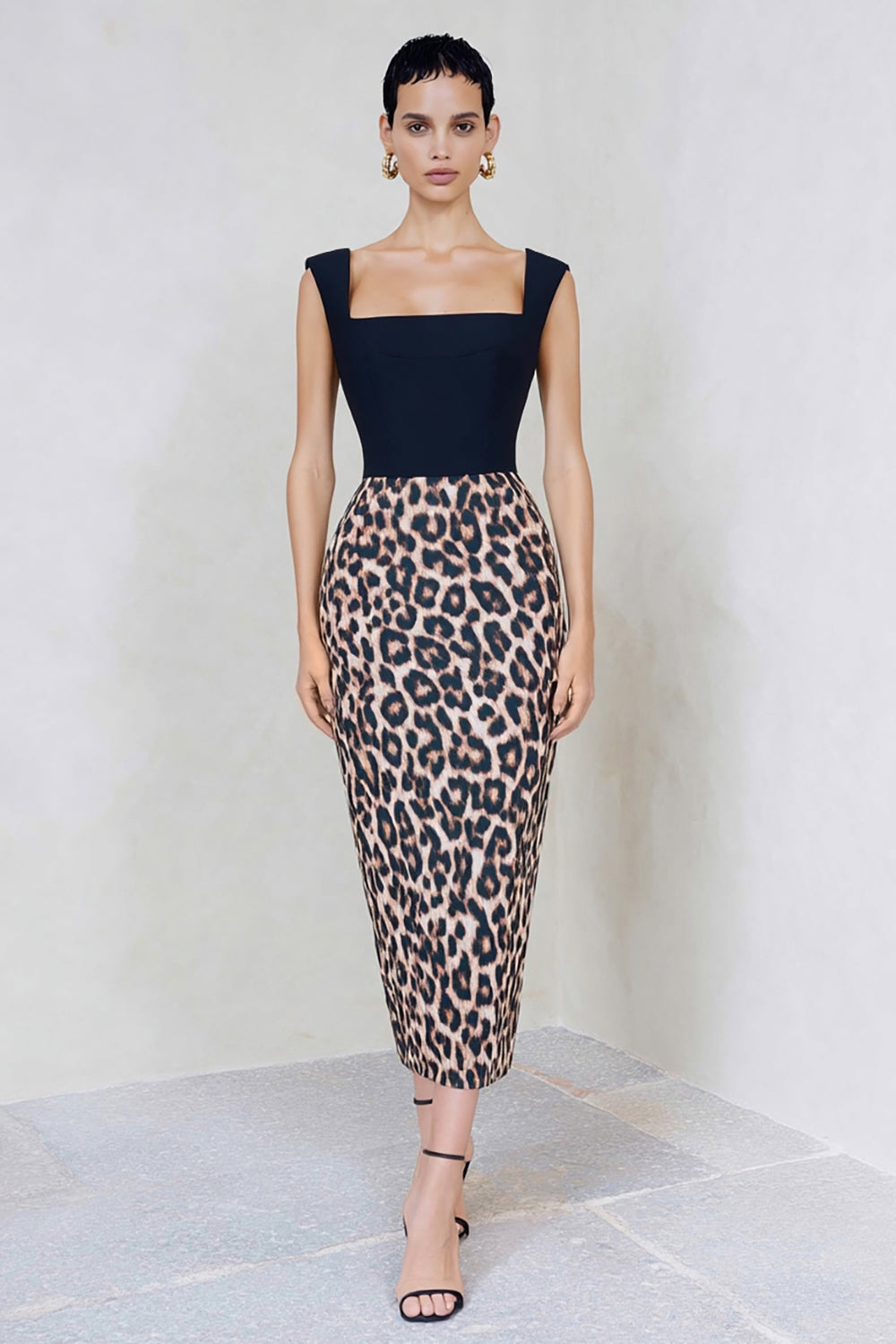 Zapakasa Women Black and Brown Leopard Print Midi Work Dress Pencil Square Neck Backless Semi Formal Dress Zapakasa Women Black and Brown Leopard Print Midi Work Dress Pencil Square Neck Backless Semi Formal Dress
