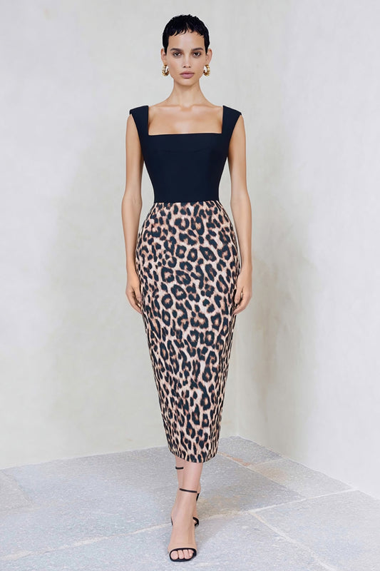 Black and Brown Leopard Print Pencil Midi Work Dress
