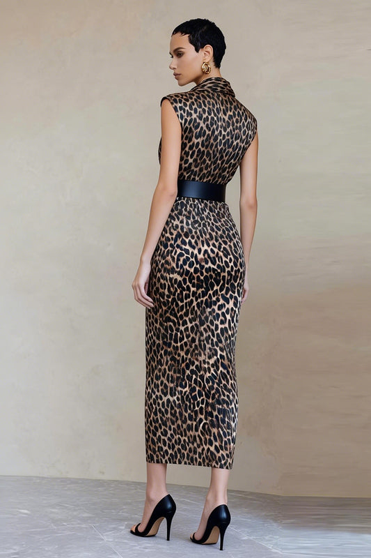 Brown Leopard Print V-Neck Sheath Long Work Dress with Belt