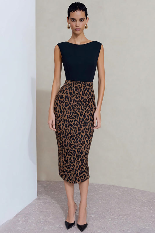 Black and Brown Pencil Leopard Print Midi Work Dress with Slit