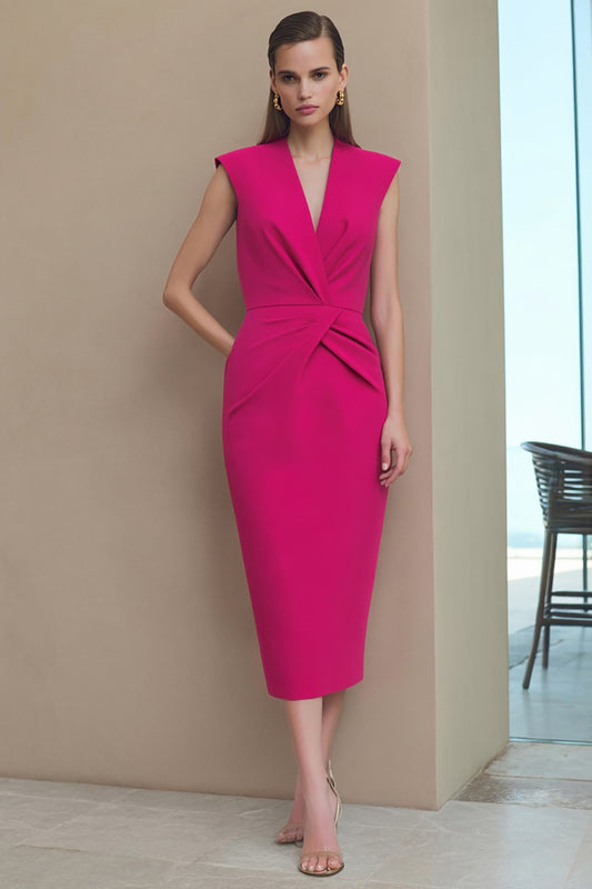 Fuchsia V-Neck Ruched Pencil Midi Work Dress