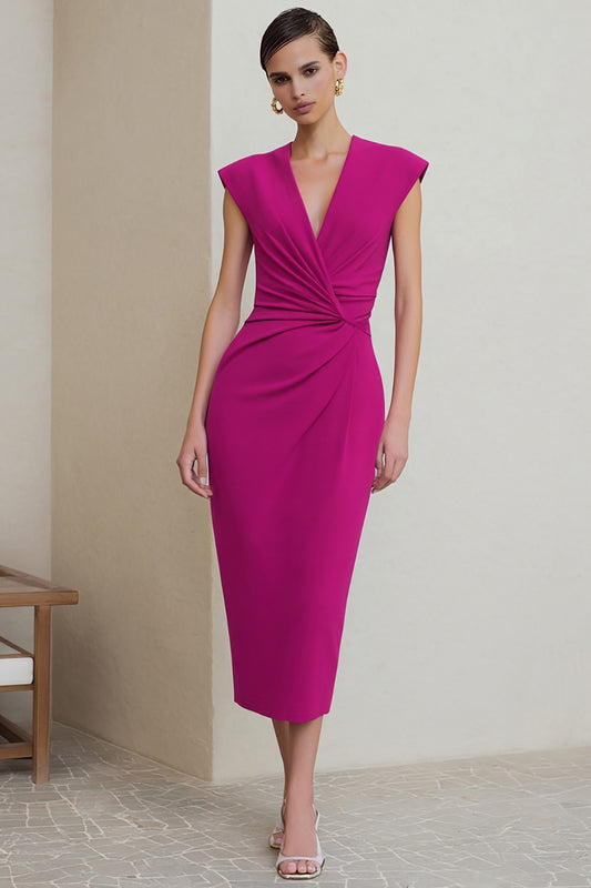 Fuchsia V-Neck Pencil Ruched Midi Work Dress