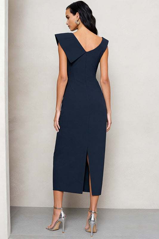 Navy Asymmetrical Neck Pencil Ruched Midi Work Dress with Slit