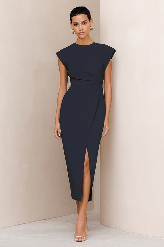 Navy Round Neck Pencil Ruched Midi Work Dress with Slit