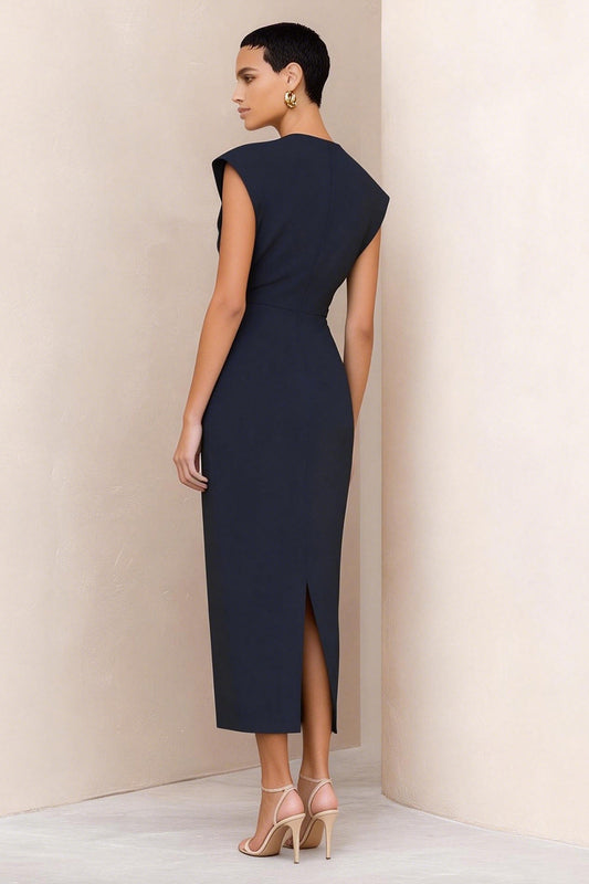 Navy Round Neck Pencil Ruched Midi Work Dress with Slit