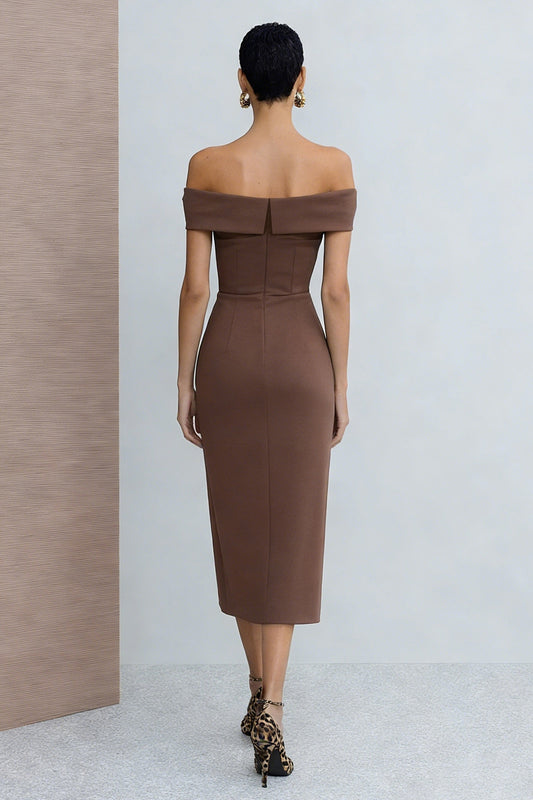 Brown Off the Shoulder Pencil Midi Work Dress with Slit