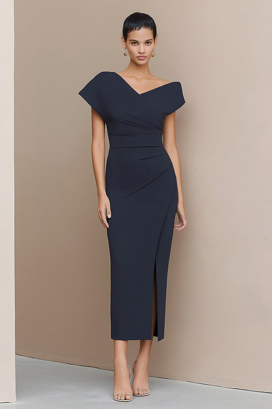 Navy Asymmetrical Neck Pencil Ruched Long Work Dress
