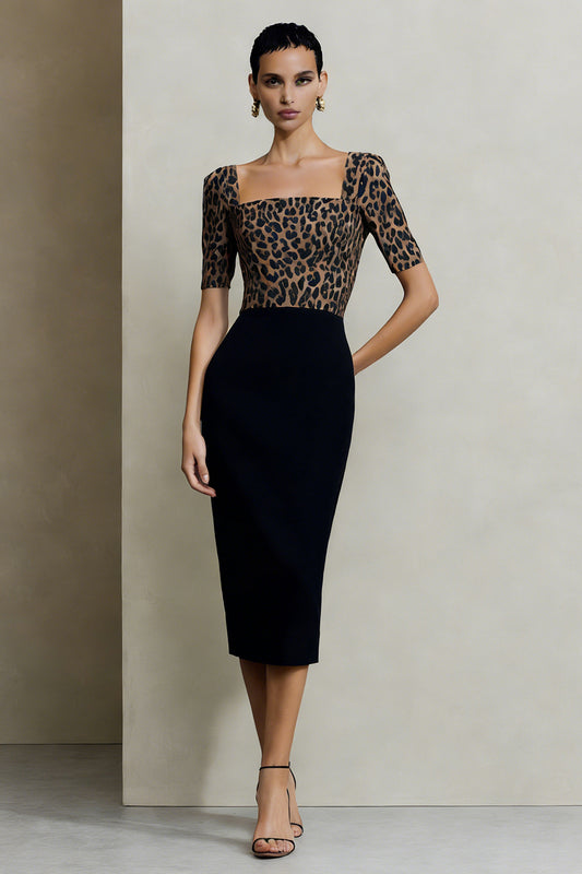 Black and Brown Square Neck Leopard Print Midi Work Dress