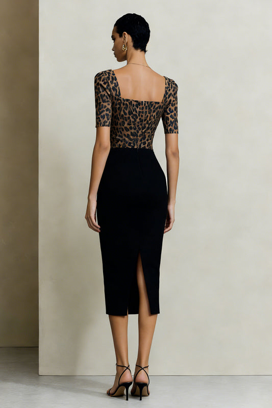 Black and Brown Square Neck Leopard Print Midi Work Dress