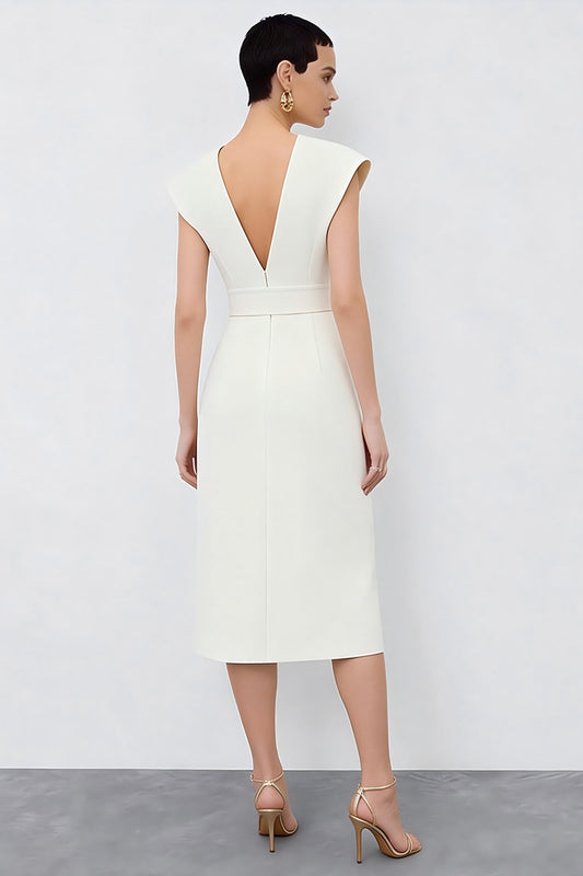 Ivory V-Neck Cap Sleeves Pencil Midi Work Dress with Belt