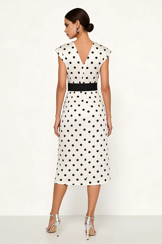 White and Black Polka Dots Pencil Midi Work Dress with Belt