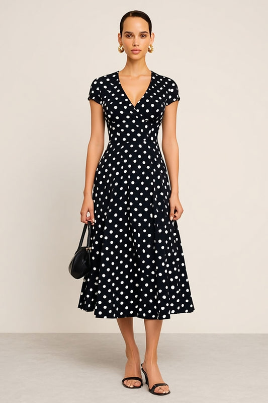 Black and White Polka Dots V-Neck Short Sleeves Work Dress