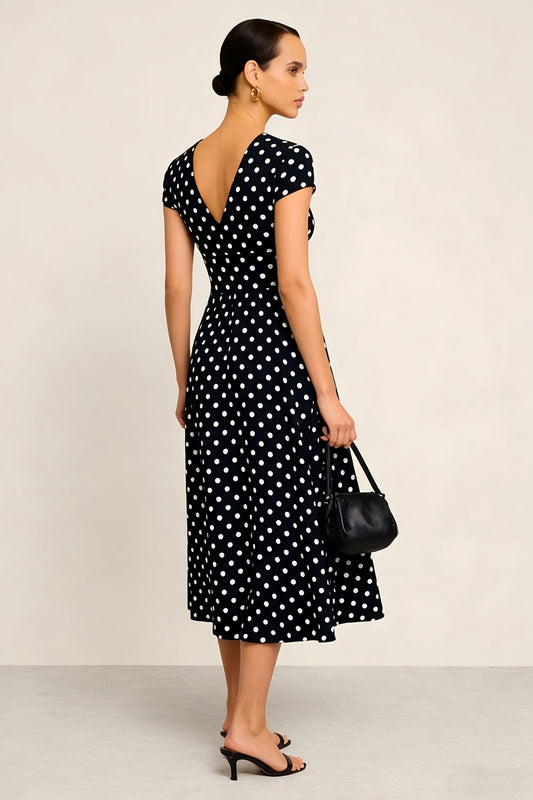 Black and White Polka Dots V-Neck Short Sleeves Work Dress